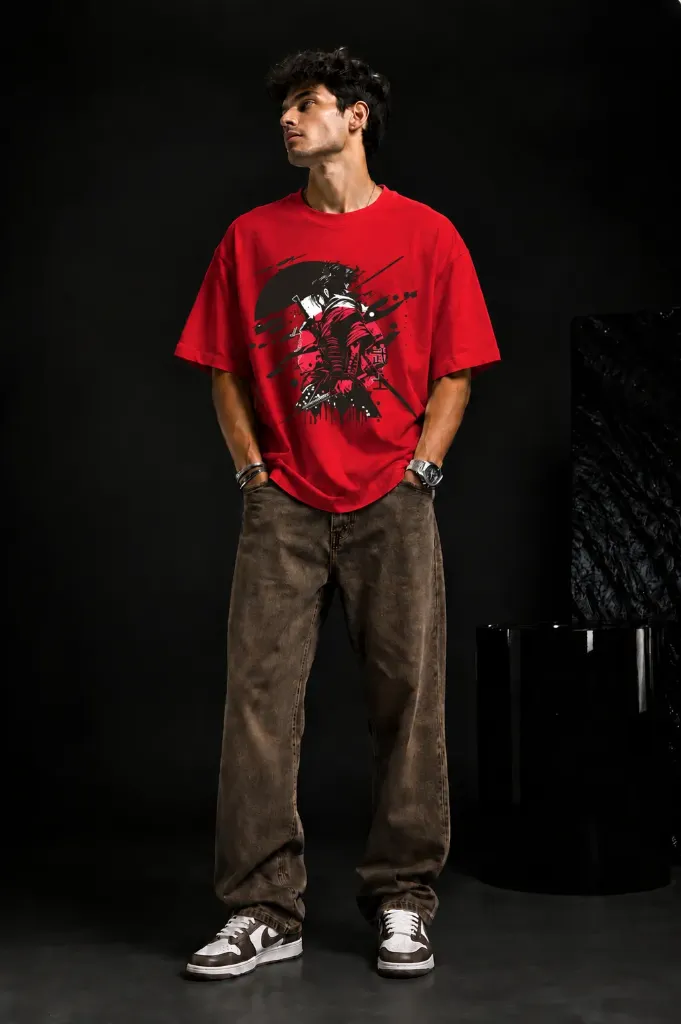 Samurai Unisex Oversized Graphic T-Shirt (S, Red)